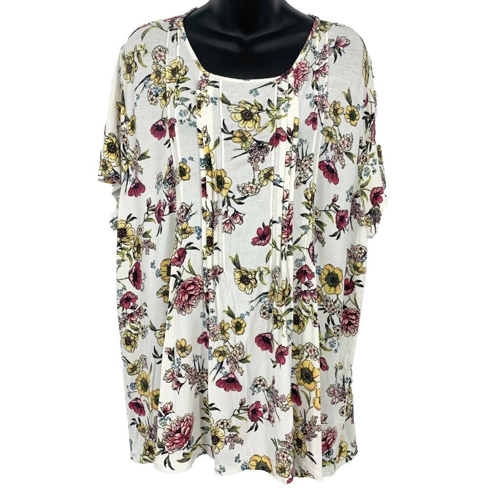 J.Jill Women Rayon Size XL Extra Large White Floral Short Sleeve Top Pleat EUC